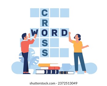 Man and woman solving crossword puzzle together. Clever people filling boxes for letters. Logic game. Couple thinking about quiz question answer. Mind challenge solution