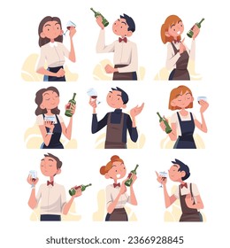 Man and Woman Sommelier as Wine Professional with Glass and Bottle of Drink Vector Set