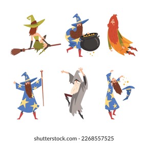 Man and Woman Sorcerer and Witch in Pointed Hat Practicing Wizardry and Witchcraft with Magic Wand and Cauldron Vector Set