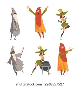 Man and Woman Sorcerer and Witch in Pointed Hat Practicing Wizardry and Witchcraft with Magic Wand and Cauldron Vector Set