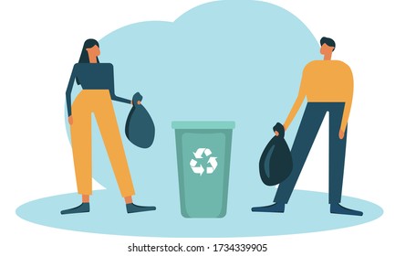 man and woman sort the garbage, throw the sorted garbage into the trash container. vector flat illustration. the concept