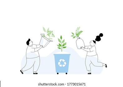 Hombre y mujer clasifican la basura, lanzan la basura clasificada al contenedor de basura. Ilustración plana vectorial.