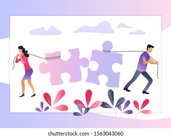 Man and woman are sorting the puzzle. The concept of establishing contacts, the complexity of relations, mutual understanding. Conceptual vector illustration in trend colors.