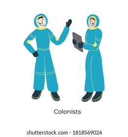 A man and a woman in space suits. Handdrawn vector illustration of future futuristic colonists, explorers of planets and satellines, searching of new home.