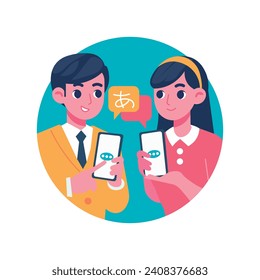 Man and woman a speaking foreight languages using an application on their phones. Cartoon flat characters. The text in chat bubble is a japanese alphabet symbol representing "A" vowel. Vector