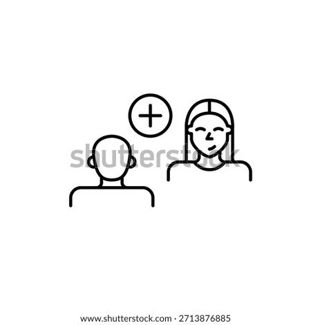 Man and woman speaking at interview or date and plus symbol. Chat add, new contact. Pixel perfect, editable stroke vector icon