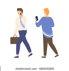 Man and woman speaking on telephone, isolated people. Vector female back view looking at smartphone and chatting, and businessman lead mobile conversation - Powered by Shutterstock - Get 15% off with code: PIKWIZARD15
