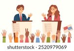 Man and woman speaking from tribune. Debate. Male and female characters speaking from tribunes. Demonstration, conference, meeting, voting. Vector illustration