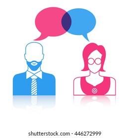man and woman with speech bubbles, talking bubbles, communication concept