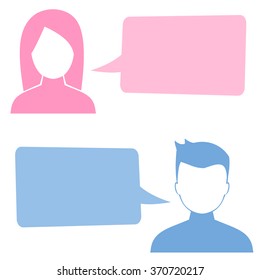 Man and woman speech bubbles, vector illustration, white background.