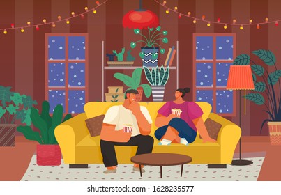 Man and woman spending night at home, eating popcorn and talking. People watching movies in living room. Interior of house decorated with plants and garlands. Winter evening vector in flat style