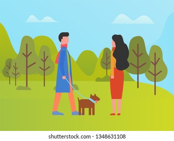 Man and woman spending time outdoors vector. Couple walking with dog, park with green lawns and grass, trees and foliage. Nature in summer and spring