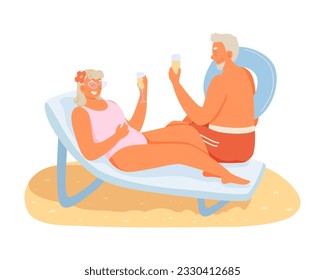 Man and woman spending time outside. Sharing tasty cocktails near swimming pool. Elderly couple drinking wine in sun lounger. Flat vector illustration in orange colors