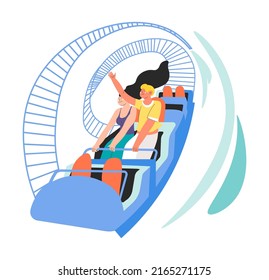 Man and woman spending time together on roller coaster. Couple in amusement park relaxing outdoors, weekend entertainment, emotions and funfair on date of teenager boy and girl. Vector in flat style