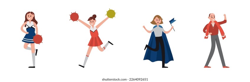 Man and Woman Sport Fan Character Supporting Team Cheering at Stadium Vector Set