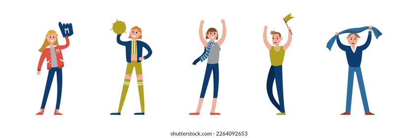 Man and Woman Sport Fan Character Supporting Team Cheering at Stadium Vector Set