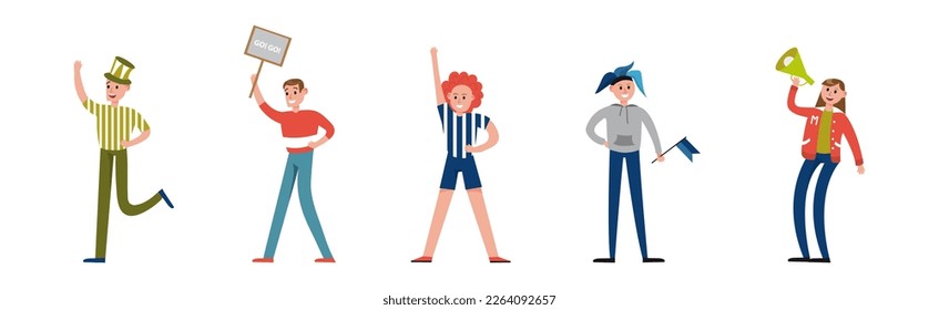 Man and Woman Sport Fan Character Supporting Team Cheering at Stadium Vector Set