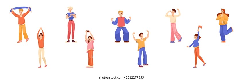 Man and Woman Sport Fan Character Supporting Team Cheering at Stadium Vector Set