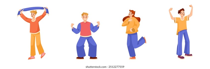 Man and Woman Sport Fan Character Supporting Team Cheering at Stadium Vector Set