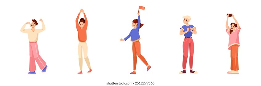 Man and Woman Sport Fan Character Supporting Team Cheering at Stadium Vector Set