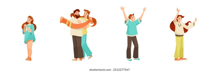 Man and Woman Sport Fan Character Supporting Team Cheering at Stadium Vector Set