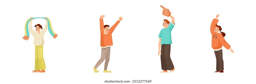 Man and Woman Sport Fan Character Supporting Team Cheering at Stadium Vector Set