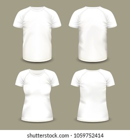 Man and woman sport t-shirt with u-neck and raglan sleeve. White cotton wear for male and female, adult and teenager. Back and front view on apparel mockup. Clothing and fashion theme