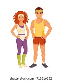 Man And Woman In Sports Clothing 80s. Fitness And Aerobics. Vector Retro Illustration