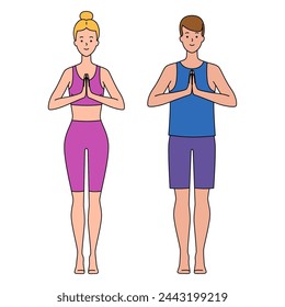 A man and a woman in sportswear are doing yoga. Hand drawn vector design in flat style. Concept of healthy active lifestyle, fitness, sport.