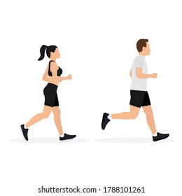 Man and woman in sportswear are running isolated on white background. Vector illustration in flat design