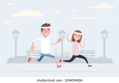 Man and woman in sportswear running on a white background. Vector illustration in a flat style