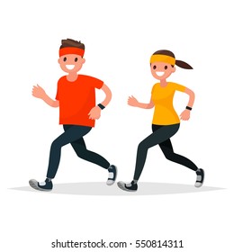 Man and woman in sportswear running on a white background. Vector illustration in a flat style