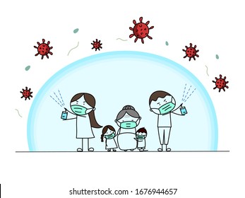 Man and woman spray Alcohol for anti virus.  protect family from corona virus (Covid-19). doodle style.