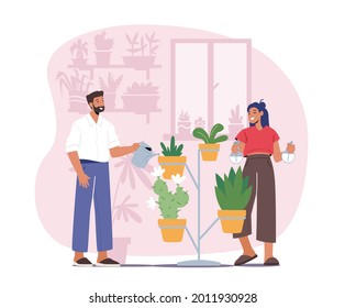 Man and Woman Spraying and Water Flowers on Shelf with Watering Can. Happy Couple Characters Take Care of Home Plants and Flowers in Pots Enjoying Gardening Hobby. Cartoon People Vector Illustration