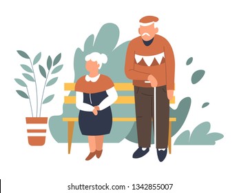 Man and woman spring park elderly couple on bench vector isolated characters walking with cane grandmother and grandfather husband and wife grey hair bush plants outdoor pastime nature warm weather