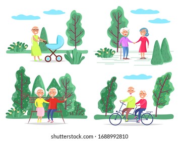 Man And Woman At Spring Park, Elderly Couple On Bench Or Walking Vector. Grandmother With Baby Pram, Couple Holding Hands Or Riding Bicycle. Outdoor Pastime, Nature And Warm Weather Illustration