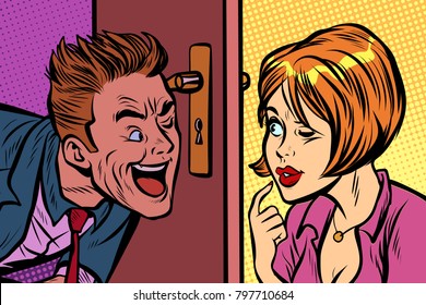 Man and woman spy on each other through the keyhole. Pop art retro comic book vector illustration