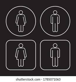 Man and woman square and round icon set. Male and female gender profile symbol. Men and women wc logo. Toilet and bathroom sign. Person outline silhouette. Vector illustration image.