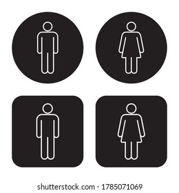 Man and woman square and round icon set. Male and female gender profile symbol. Men and women wc logo. Toilet and bathroom sign. Person outline silhouette. Vector illustration image.