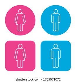 Man and woman square and round icon set. Male and female gender profile symbol. Men and women wc logo. Toilet and bathroom sign. Person outline silhouette. Vector illustration image.
