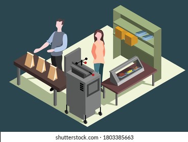 man and woman as staff of sandwich bar with different food and quick packages to go