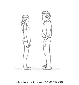
Man and woman stand against each other. Line drawing vector illustration.