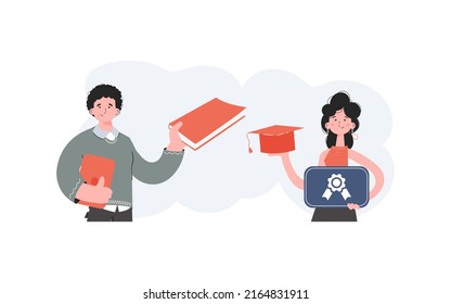 A man and a woman stand with a belt and hold a diploma. Education. Element for presentations, sites. Vector illustration