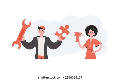 A man and a woman stand with a belt and hold a puzzle and a goblet. Victory. Element for presentations, sites. Vector illustration