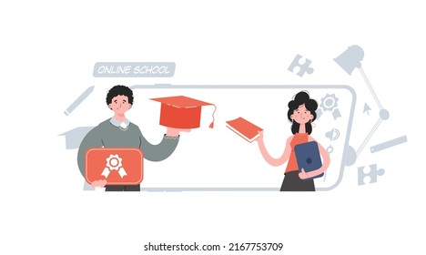 A man and a woman stand with a belt and hold a diploma and a tablet. Education. Element for presentations, sites. Vector illustration