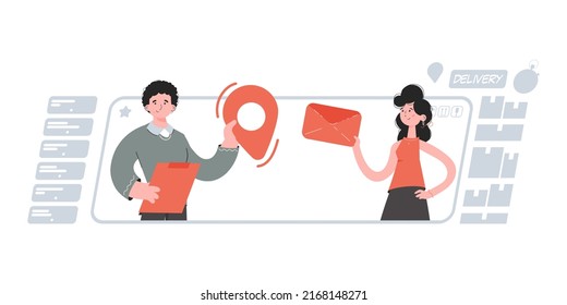 A man and a woman stand with a belt and hold an envelope with a letter and a location. Delivery. Element for presentations, sites. Vector illustration