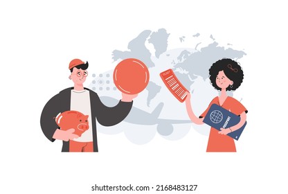 A man and a woman stand with a belt and hold a coin and a passport. Travels. Element for presentations, sites. Vector illustration