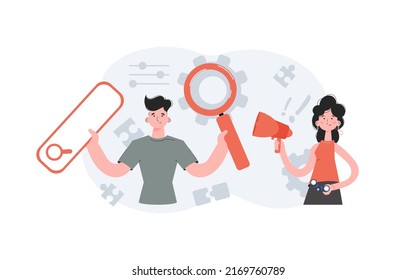 A man and a woman stand with a belt and hold a web search bar. Human resource. Element for presentations, sites. Vector illustration