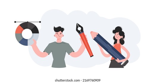 A man and a woman stand with a belt and hold a color wheel and a large pencil. Design. Element for presentations, sites. Vector illustration