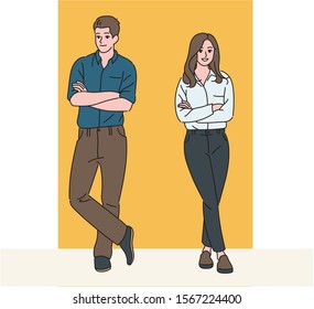 The man and the woman stand in crossed poses with their arms folded. hand drawn style vector design illustrations. 